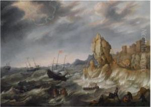 Shipping In A Heavy Storm Along A Rocky Coast, With Shipwreckedfigures Climbing On Shore In The Foreground, A View Of A Townbeyond by Abraham Willaerts