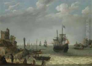 A Coastal Landscape With Figures On The Shore With A Spanish Man O'war Putting To Sea As A Dutch Fleet Approaches by Abraham Willaerts