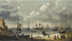 A Coastal Scene With Numerous Figures On The Shore, A Dutch Man O'war Firing Its Cannon Beyond