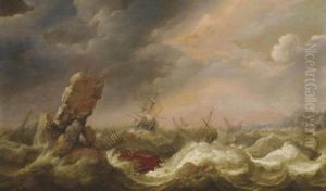 Shipping In Stormy Waters With A Shipwreck Of A Turkish Vessel by Adam Willaerts