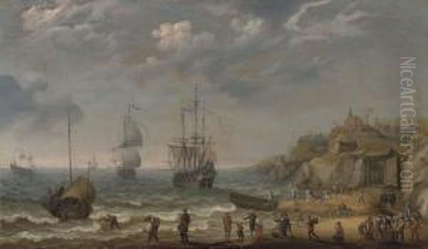 Dutch Men-o'-war And Other Vessels By The Coast With Merrymakers And Other Figures - view 1