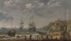 Dutch Men-o'-war And Other Vessels By The Coast With Merrymakers And Other Figures