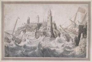 Ships In Stormy Seas Off The Coast Near A Lighthouse And A Castle by Adam Willaerts