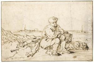 A Hunter And His Dog Seated On The Shore by Adam Willaerts