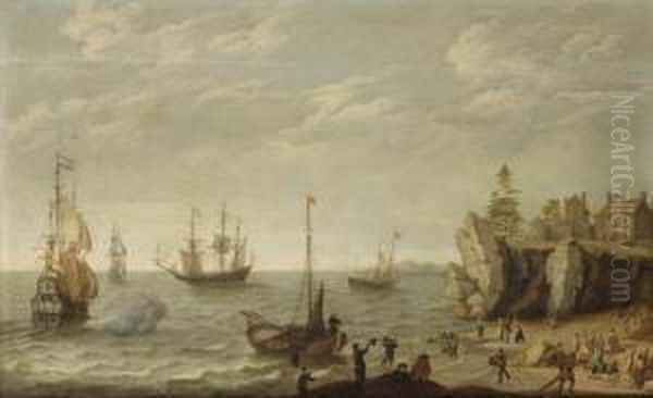 Dutch Merchants At Anchor In Choppy Waters Off A Rocky Coast In Abay With Fishermen Unloading Their Catch - view 1