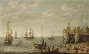 Dutch Merchants At Anchor In Choppy Waters Off A Rocky Coast In Abay With Fishermen Unloading Their Catch by Isaac Willaerts