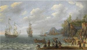 A Coastal Landscape With Two Dutch Merchant Ships And Otherbarges In Choppy Waters Off The Coast, Fishermen Unloading Theircatch In The Foreground, A Hill Top Town Beyond