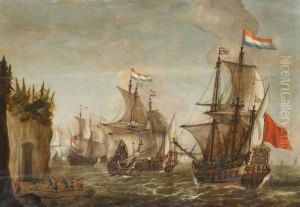 Dutch War Galleons Near A Rocky Coast by Isaac Willaerts