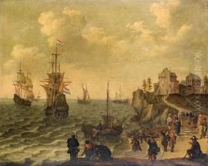 Fishermen With Their Catch On The Shore, Shipping At Anchor Beyond by Isaac Willaerts