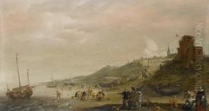 A Coastal Landscape With Elegant Figures Onthe Shore And Fishermen Unloading Their Catch
