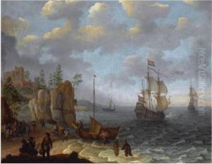 A Beach Scene With Fishermen Unloading The Catch, Two Dutch Merchant Ships Beyond by Isaac Willaerts