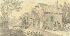 Une Femme Et Un Mendiant Devant La Porte D'une Chaumiere