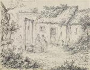 Zweiwascherinnen Am Ziehbrunnen Und Zwei Bauerinnen Vor Derscheune by Johann Georg Wille
