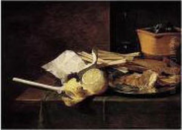 A Still Life Of Smoker's Requisites, Including A Clay Pipe, Tobacco In A Paper, Spills And A Chafing-dish, With A Partly Peeled Lemon And Fish On A Silver Plate, All On A Table Draped With A Green Cloth - view 1