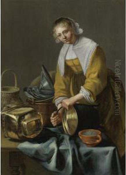 A Kitchen Maid Standing By A Table With Copper Pots, Pewter Platesand Other Objects - view 1