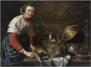 A Lady Cleaning Fish, Standing At A Table With A Copper Bowl With Apples, Copper Pans And A Small Dish With Herbs
