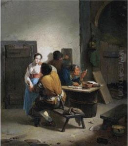 A Tavern Interior With A Barmaid Being Seduced By A Customer
