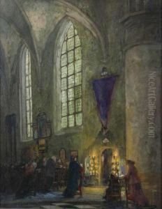Kerkinterieur Met Personages Bij Vaandel by Adolf Willems