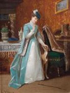 A Lady And Her Dog In An Interior by Louis Willems