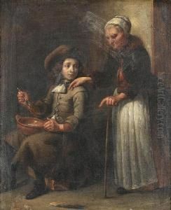 A Peasant Interior With An Old Woman And A Young Boy Eating