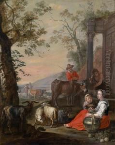 Una Famiglia Di Pastori In Sosta Di Fronte A Una Rovina Ricoperta Di Piante by Abraham Willemsens