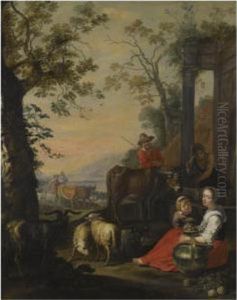 A Landscape With A Herder And His Family Resting By Classical Ruins by Abraham Willemsens