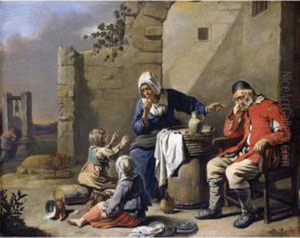 A Family Resting Before A House, With A Mother Silencing Her Children Whilst Her Husband Sleeps - view 1