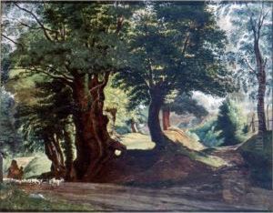 A Wooded Lanscape With Goats On A Path Near Ariccia by Ernst Willers