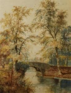 Autumnal River Scene With Stone Bridge And A Fisherman by Arthur Willett