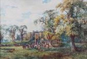 A Group Of 17th Century Huntsmen Before A Manor House
