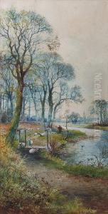 Drover And Sheep On A Riverside Path by Arthur Willett