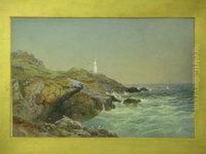 Distinctive Lighthouse On Rocky Headland With Distant Sailing Vessels