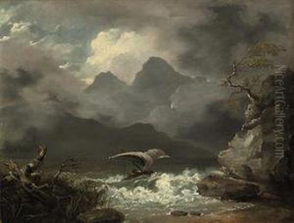 A Mountainous Coastal Landscape With A Sailing Boat Off A Rocky Shore - view 1