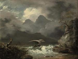 A Mountainous Coastal Landscape With A Sailing Boat Off A Rocky Shore