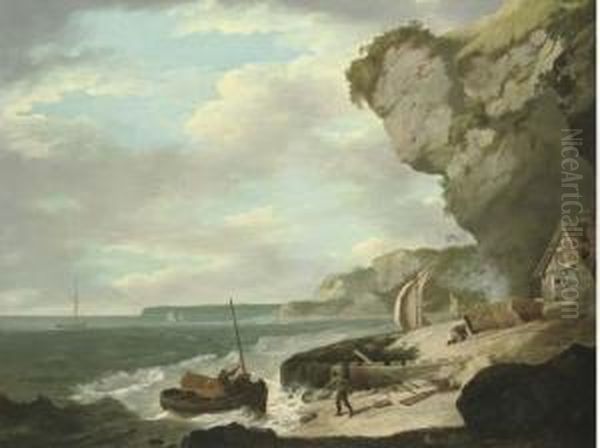 Coastal Scene With Fishermen On A Beach In The Foreground Andsailing Boats Beyond - view 1