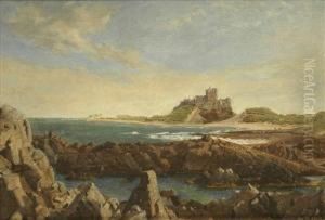 A Coastal View With A Castle In The Distance Believed To Be Bamburgh Castle by Nicol William W
