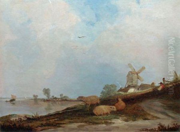 Shepherd With Sheep By Riverside Near A Post Mill - view 1