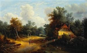 A Rural Landscape With Two Figures On A Path By A Cottage