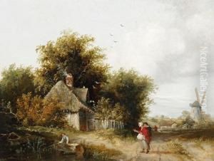 A Country Scene With Figures By A Pond And A Windmill In The Distance by Edward Charles Williams