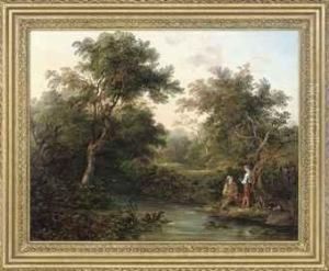 A Wooded River Landscape With Figures Fishing thumbnail