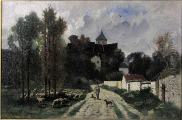 French Village With Shepherd And Flock - view 1