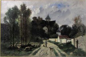 French Village With Shepherd And Flock by Frederick Dickinson Williams