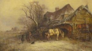 Reshoeing The Horse In Winter Landscape by George Augustus Williams