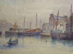 Signed And Dated , Watercolour, West Country Harbour Scene With Fishing Boats, 11