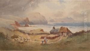Coastal Scene With Farm Andflock Of Sheep by Henry Williams