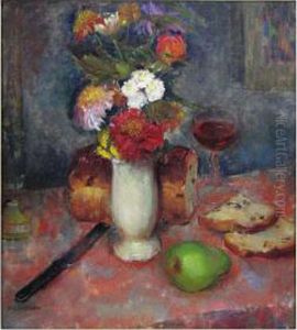 Floral Still-life With Loaf Of Bread And Glass Ofwine by Mary Elizabeth Williams