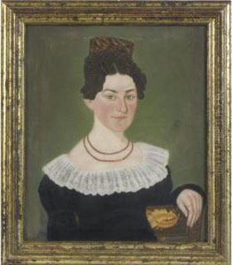 Portrait Of A Young Lady With Tortoise Shell Comb, Coral Beads Seated In A Grain-painted Stencilled Fancy Chair by Micah Williams
