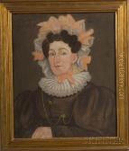Portrait Of A Woman Wearing A Lace Bonnet With Pink Ribbons. - view 1