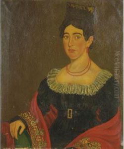 Woman With A Floral Embroidered Shawl And A Red Beaded Necklace