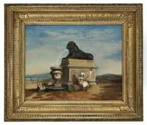 A Statue Of A Lion In The Roman Campagna Landscape With A Womanspinning by Penry Williams